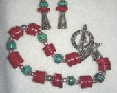 Red Coral, Turquoise, and balinese Silver earring and bracelet set