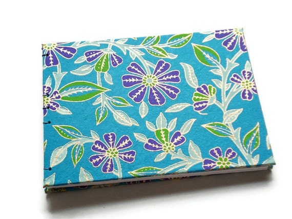 Handbound Notebook Journal - Anniversary Gift - Wedding Guestbook in Light Blue with Purple Flowers - Coptic Stitch - Exposed Binding