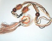 Mother of Pearl Pendant Tassel Necklace Eclectic Mixed Beads Wood & Tulle Wrapped OOAK Handmade