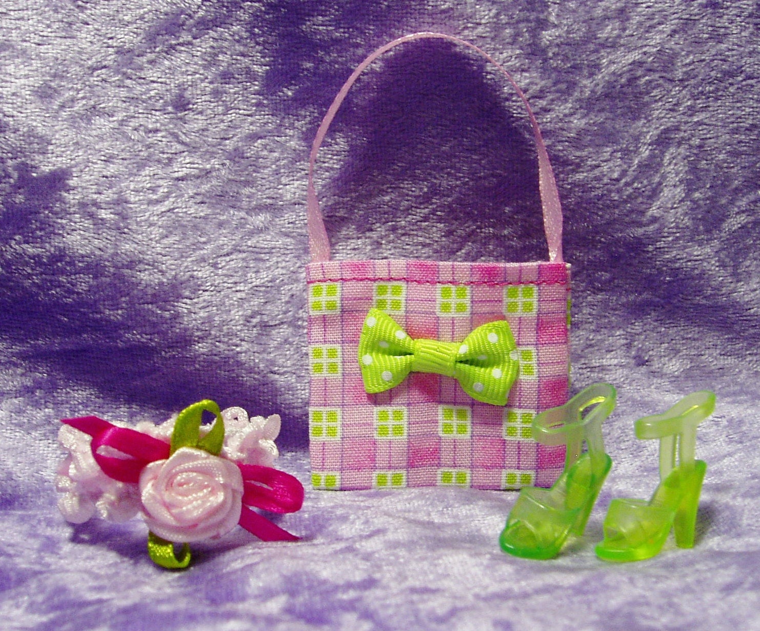 Barbie Clothes - Pink/Lime Green Gingham Print Purse, Hair band, & Shoes