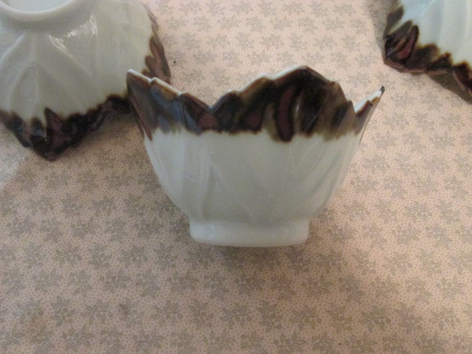 Vintage Asian Porcelain Rice Bowls with Brown Leaf Scalloped Edges Set of 6