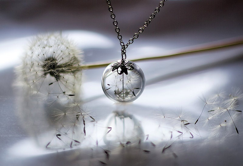 SIlver Dandelion Necklace Make A Wish Glass Bead Orb Dandelion Seed Transparent Round Beadwork Flower Botanical