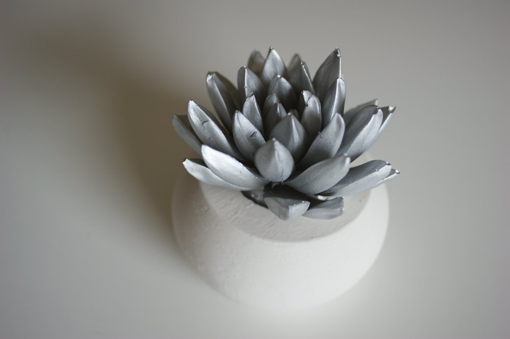Succulent Sculpture in White Modern Round Container, Desktop Accessory, Tabletop Centerpiece