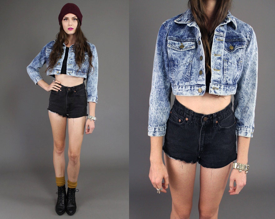 Vtg 80s 90s Acid Stone Wash Denim Cropped Jacket S