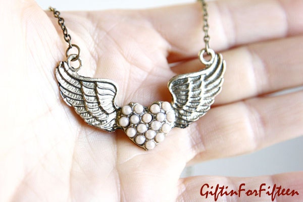 Flight - Unisex Vintage Style Jewelry Love Wings Necklace Antique Bronze Plated Steampunk Nerdy Jewelry OOAK by Giftin For Fifteen