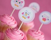 Cute Baby Owl Cupcake Toppers or Party Circles - Set of 12 - In Pastel Pink and Purple - Cute for a Girls Birthday or Baby Shower