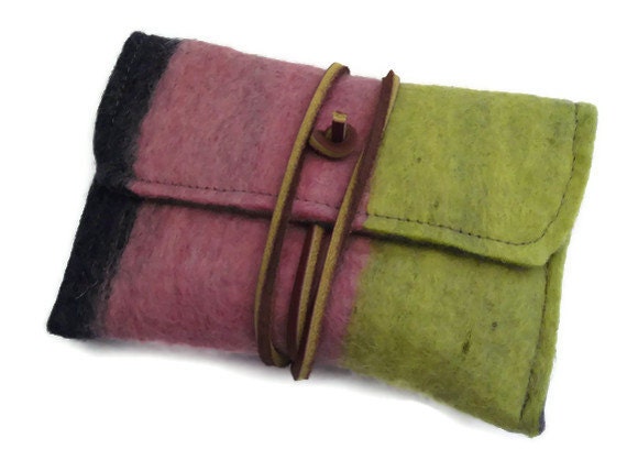 iPhone Case- iPhone Sleeve for iPhone3 and iPhone4- Striped Wool Felt with Genuine Leather Cord- iPod Touch Case