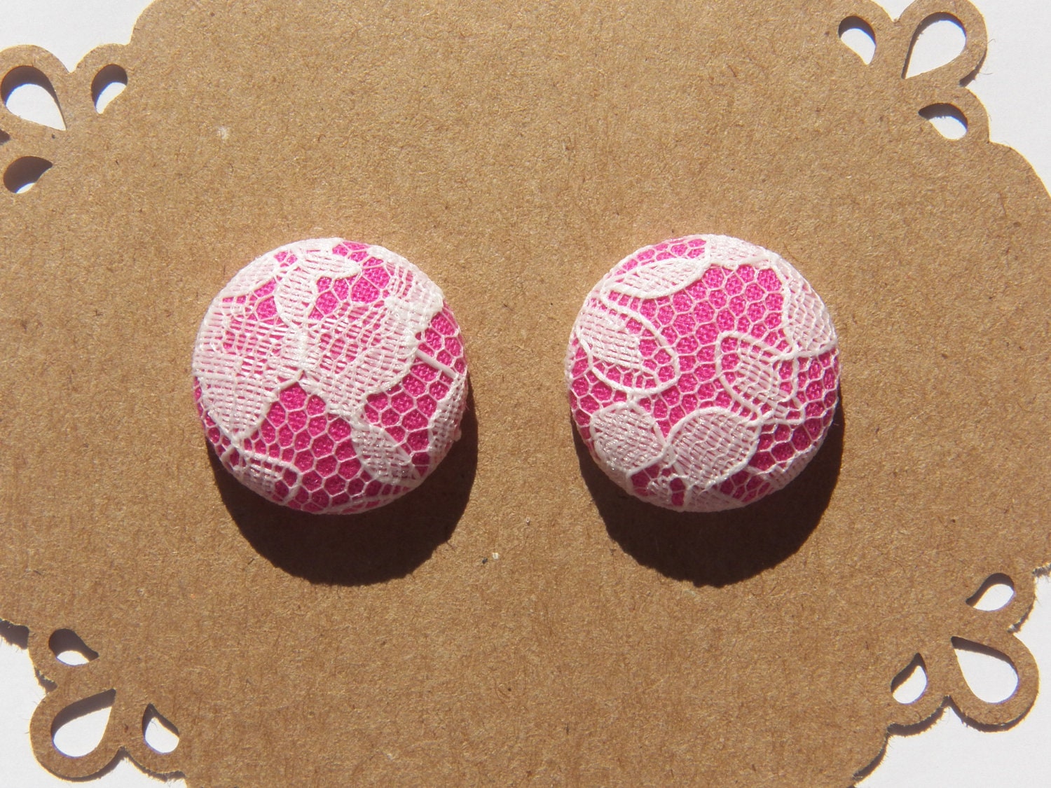 Pink and Lace Fabric Button Earrings - Button Earrings - Hypoallergenic Post