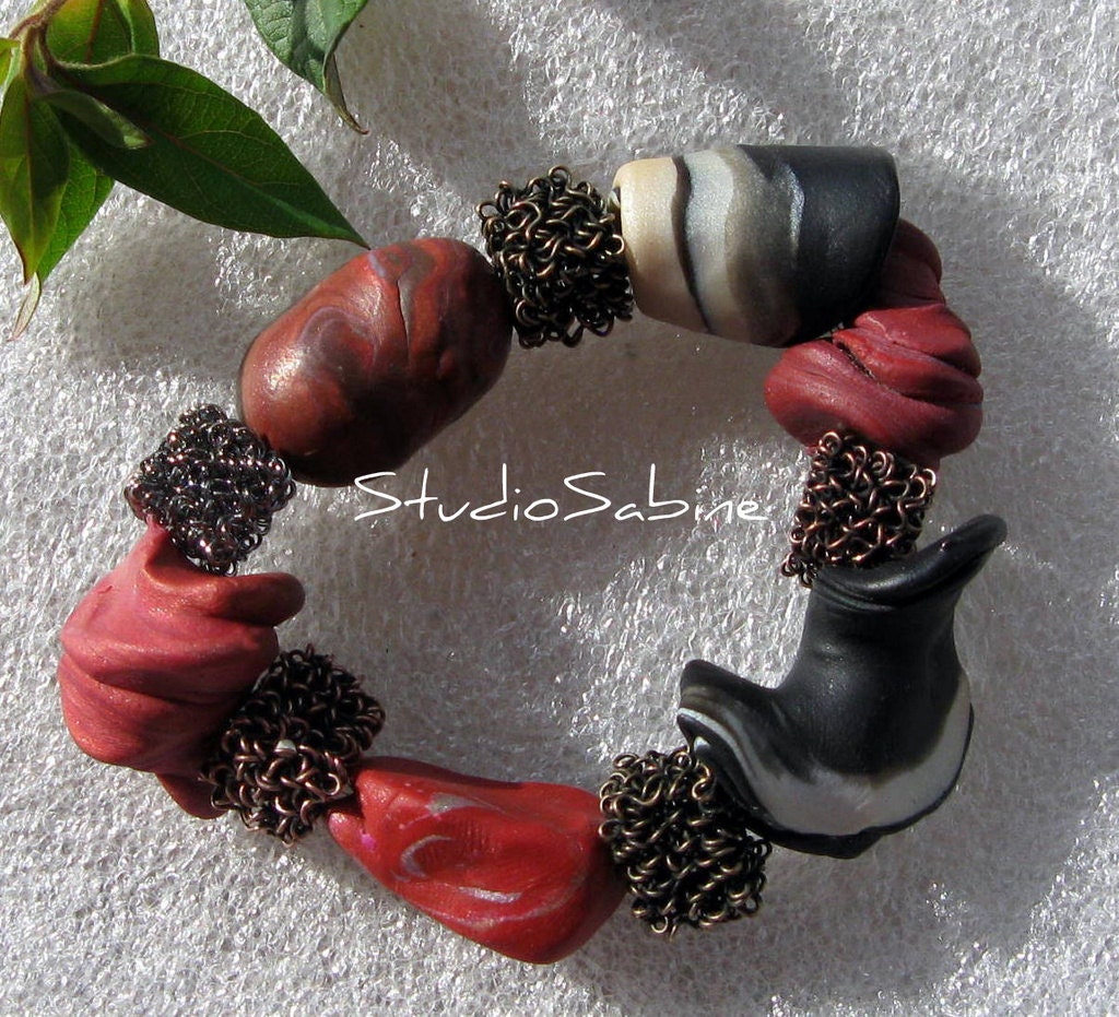 Free S&H - Artful, Bracelet - Black/White- Earthy Red - no Ordinary Beads - Bracelet - StudioSabine