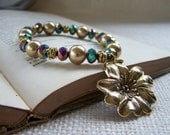 Iridescent Beaded Glass Stretch Bracelet with Gold Flower Charm - Handmade Charm Bracelet Jewelry - OOAK - Ready to Ship