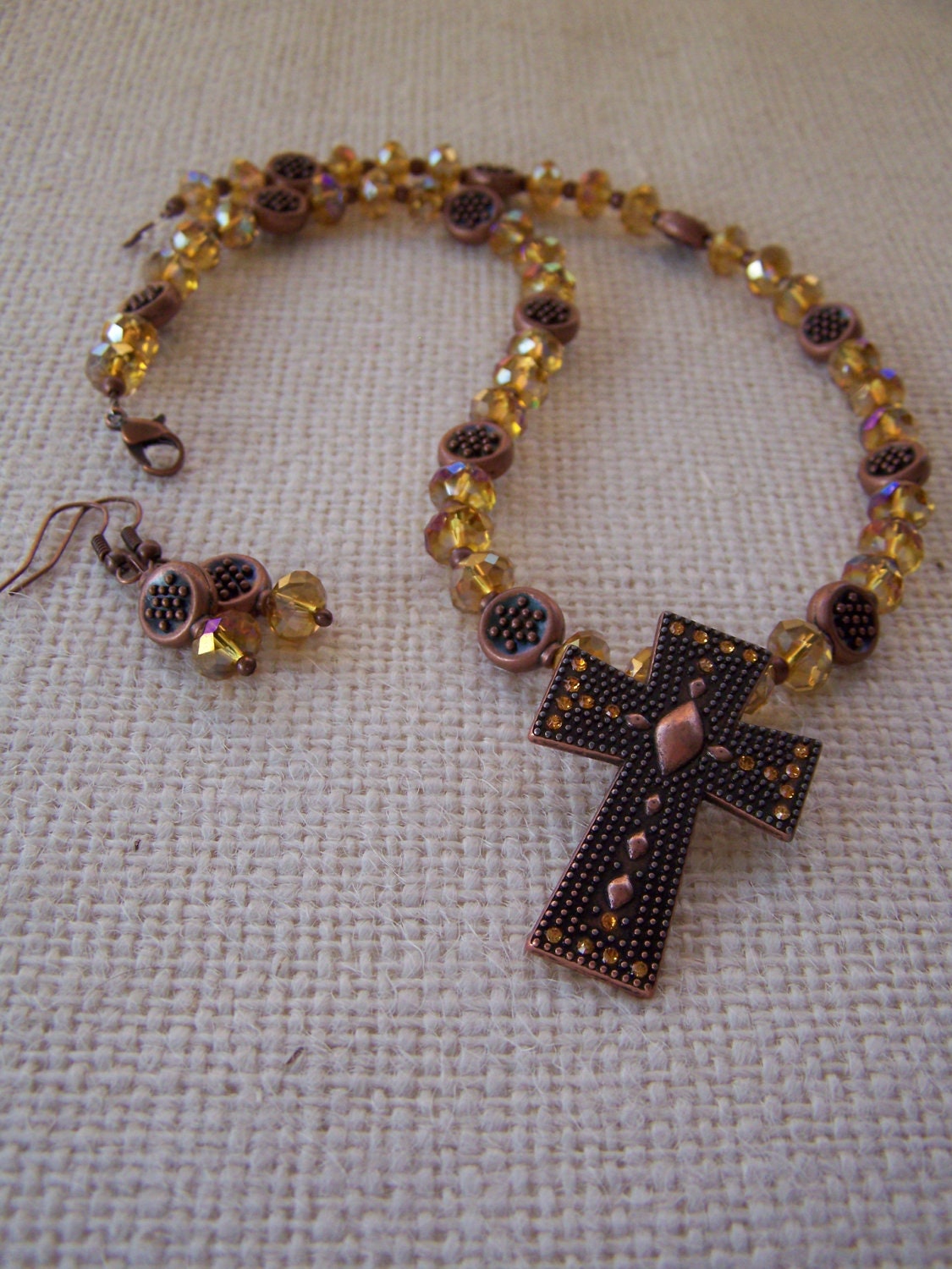 Studded Bronze Cross Necklace and Earring Set - Handmade Necklace - Handmade Earrings - OOAK - Ready to Ship