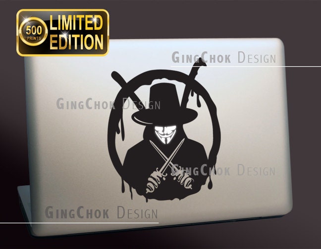 Limited Edition Macbook decal, silhouette V for Vendetta black vinyl sticker for Macbook, Mac pro,  Mac air 11', 13", 15", 17"