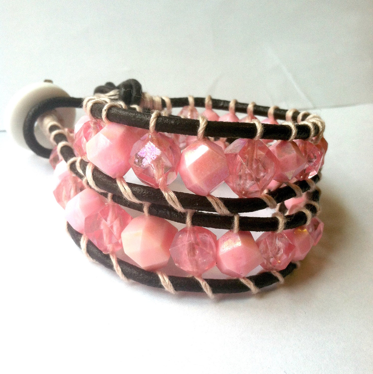 Double Wrap Leather Bracelet with PInk Vintage Beads, Wrap Style Bracelet, Shabby Chic Vintage