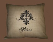 Burlap Pillow slip,  Paris and Damask Design, HANDMADE 16x16 - image in ANY COLOR