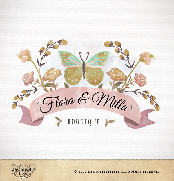 Logo Custom Premade Watercolor Butterfly Flowers Design for Boutique, Etsy Shop, Small Business