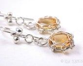 Dangly Golden Yellow Citrine Earrings, Semi Precious Stone, November Birthstone, Woven Silver Weave, Netted, Silver Netting Silver Wire Wrap