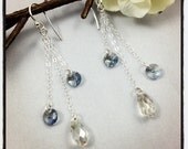 Crystal Silver Shade/Blue Shade Swarovski Earrings, Sterling Silver, Long Chain, Dangle, Briolette, Rivoli Drop, Bridal/Wedding Jewellery