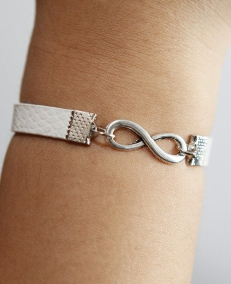 Silver karma white leather bracelet in any size bracelet