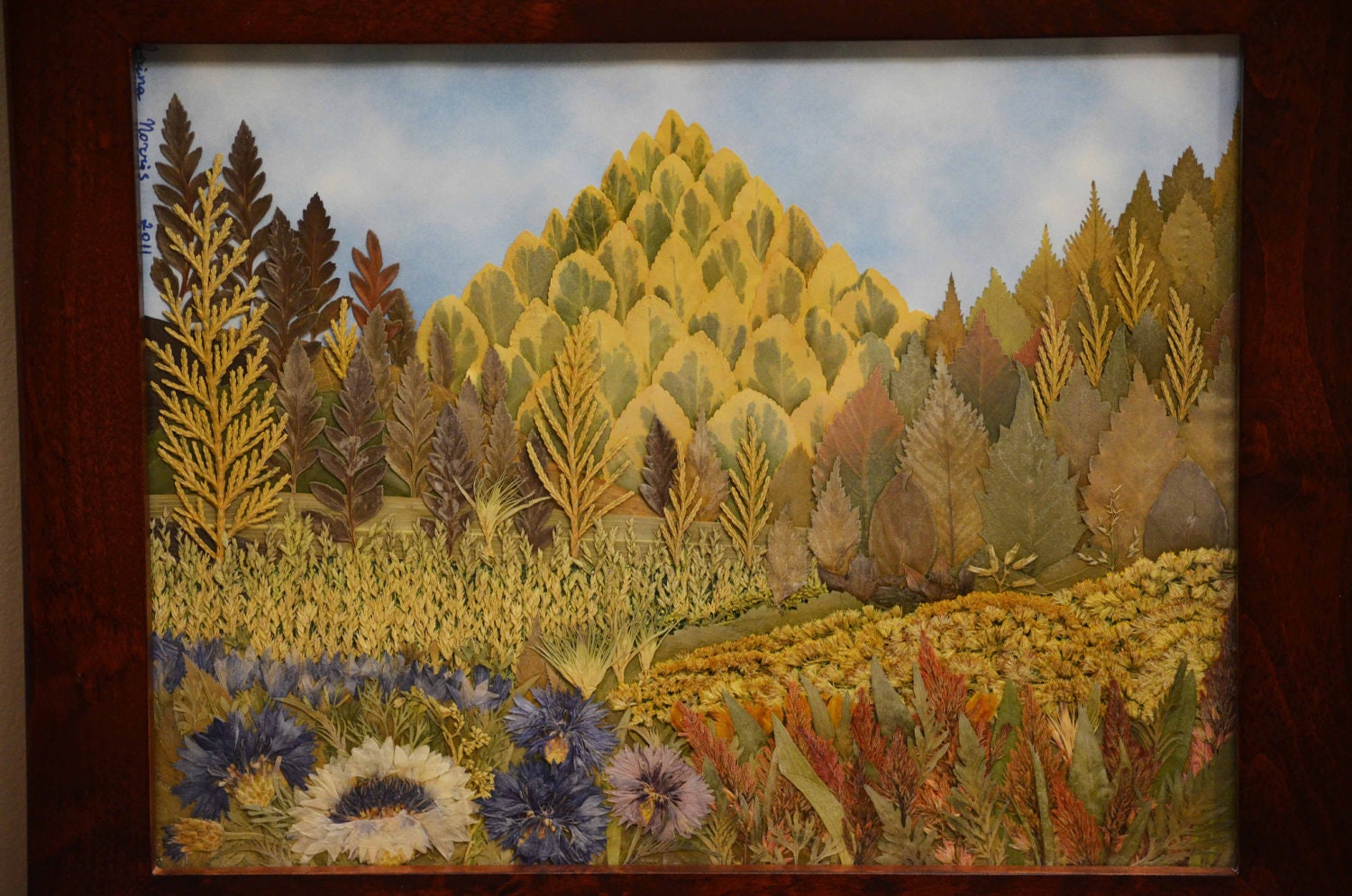 Original Pressed Flower Art  "Mountains" / Mixed Media / Oshibana / Landscape / Framed Art / Wall Decor / Real Flowers
