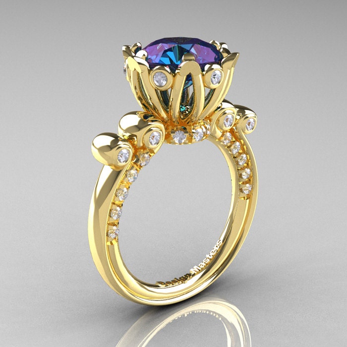 French Antique 14K Yellow Gold 3.0 CT Alexandrite Diamond Solitaire Wedding Ring Y235-14KYGDAL