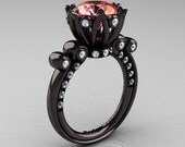 French Antique 14K Black Gold 3.0 Carat Peach Topaz Diamond Solitaire Wedding Ring Y235-14KBGDPO