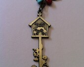 Darling birdhouse key pendent necklace, bird pendent, key necklace, brass metal, brass chain, forest woodland jewelry