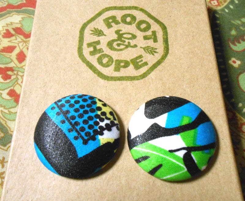 Large Button Earrings - Abstract Blue, Black, White, Green
