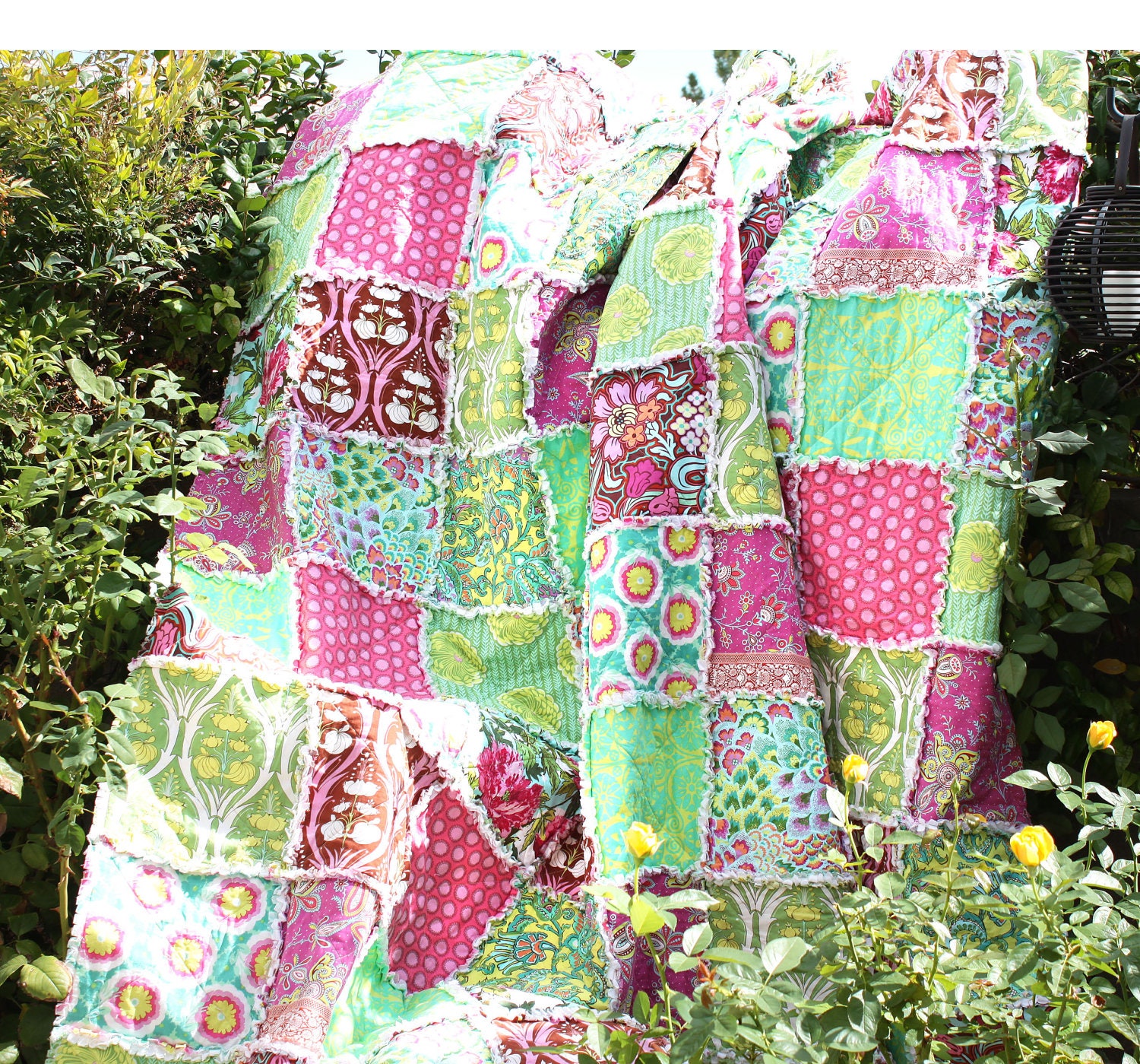 QUEEN Quilt Rag Quilt Handmade MODERN Florals by hinterlandquilts