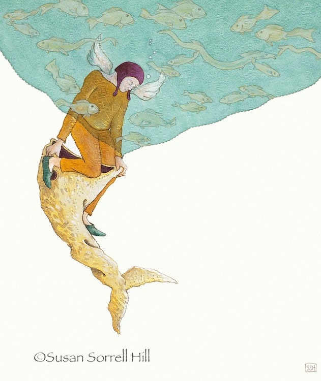 Make Believe watercolor original painting fairytale art angel dream fish costume Susan Sorrell Hill