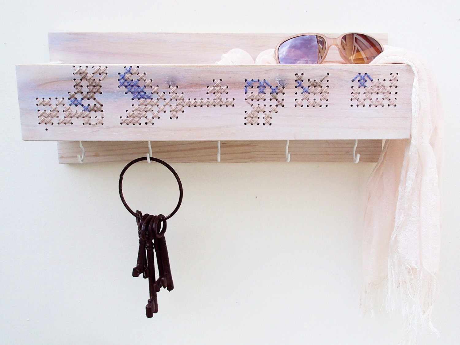 Mail Holder Key Holder Organizer Cross Stitch Wood Wall Decor