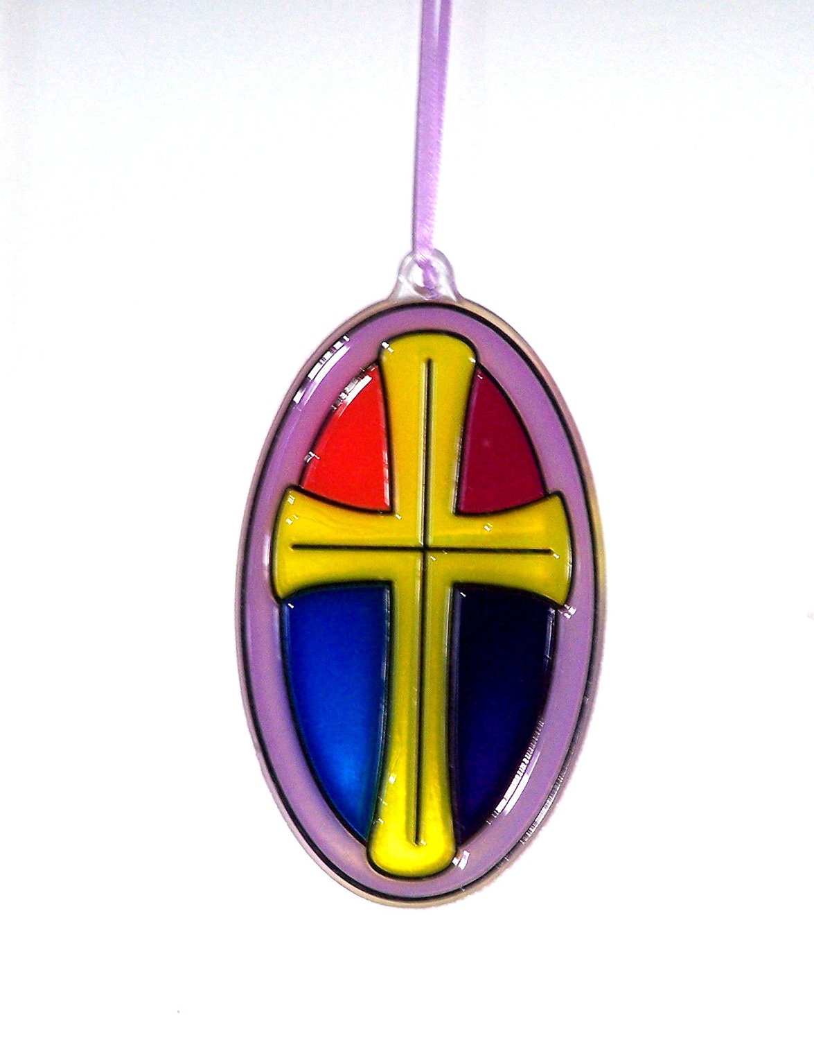 ORNAMENT - Cross-Stained Glass Look - Acrylic - Red - Yellow-Blue-Purple-Lilac Handpainted Home Decor