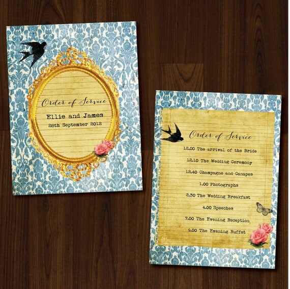 Swallow, Vintage, Roses, Professionally Printed Wedding Order of Service/Ceremony Program Il_570xn