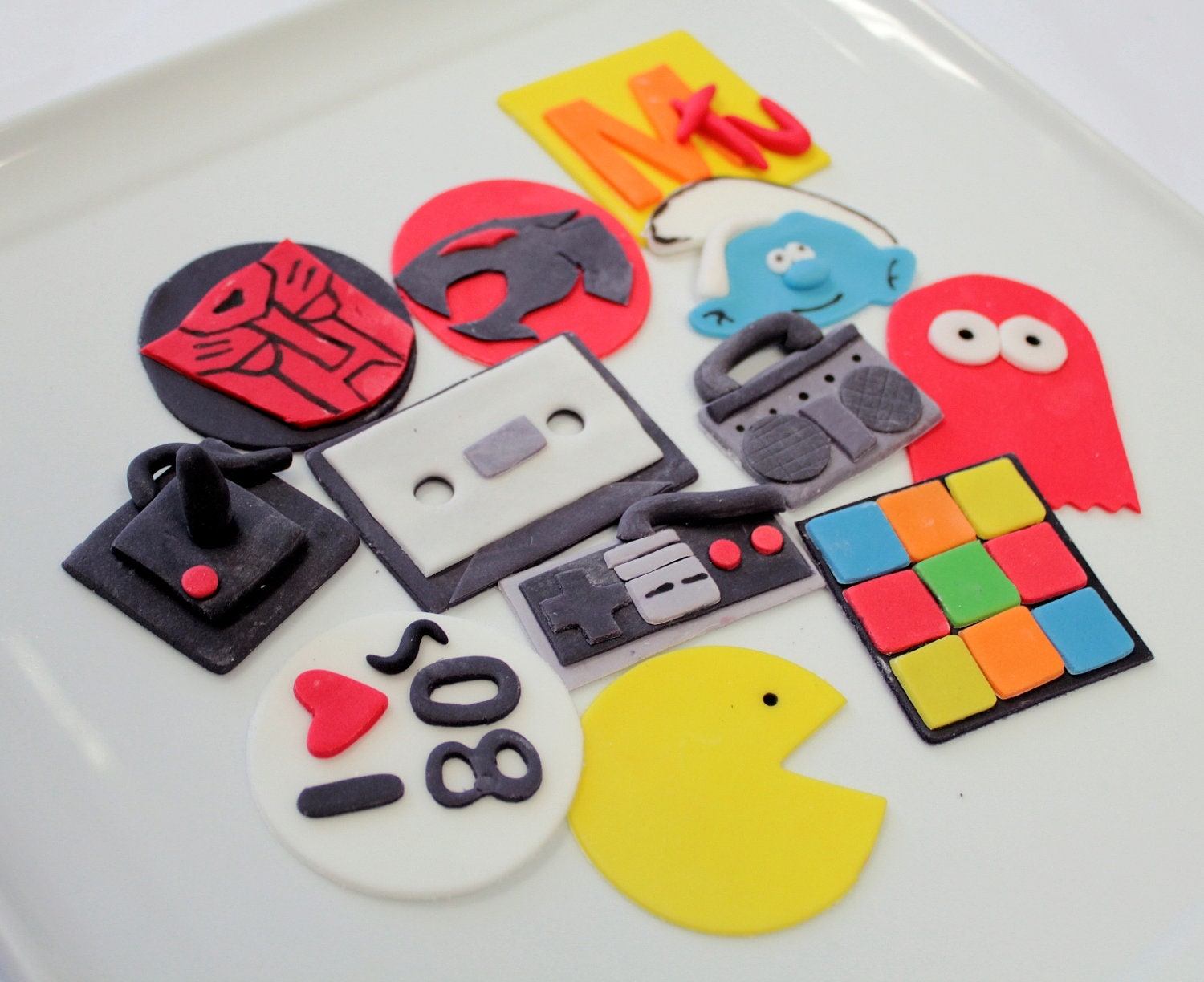 Cupcake Toppers 80's 24 qty for 80 s party, 30th birthday, rubix cube, nintendo controller, I love 80's, boombox, mix tape