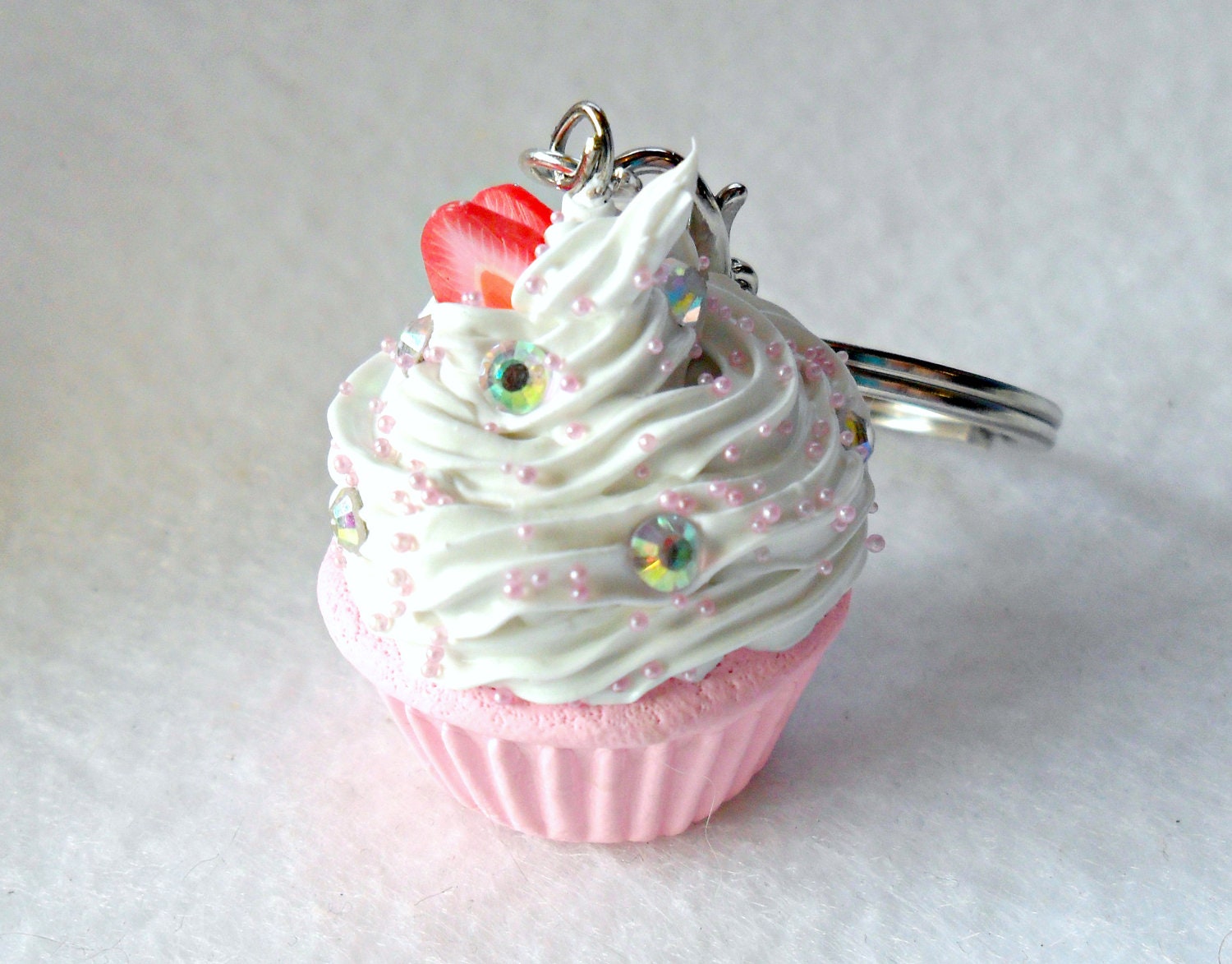 Kawaii Cupcake Charm Keychain, Strawberry :)