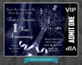 VIP Champagne Diamonds and Bling Anniversary - Birthday - Retirement Invitation - Blue, Black & Silver - Digital File
