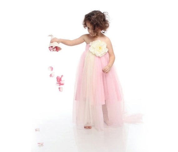 Children cloting, flower girl dress, pink and ivory todller dress with ivory flower, princess tutu dress "SUMMER DREAM",