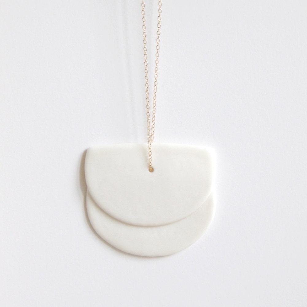 E l e n a - Modern necklace - White porcelain bold shape & dainty chain - Half disc - geometric jewelry