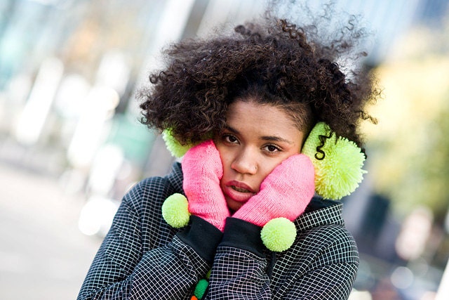 handmade earmuffs earwarmers fluorescent yellow pompoms neon, pom pom, pompon by bimabejbe