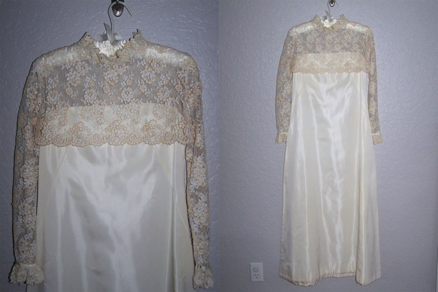 Vintage 1960s Ivory Satin and Lace Wedding Dress