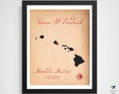 Vintage Custom Wedding State / Country Print / 1st Anniversary Present, Nautical Wedding Bridal Shower Gift / Special Date Art / Hawaii 8x10