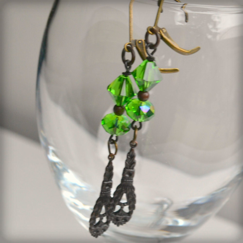 Green Black Gothic Victorian Crystal Dangle Earrings/ Muse