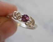 Dark Amethyst love knot ring sterling silver wire handmade with Swarovski crystal February birthstone Jewelry made to order