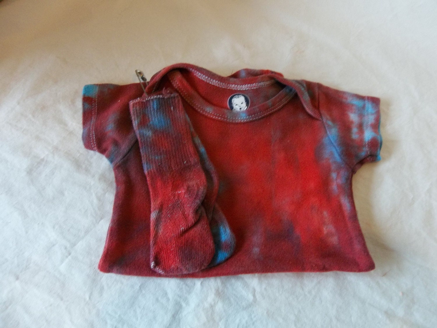 Hand Dyed Red and Blue Onesie with Socks 6-9 Mo