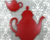 Teapot Kitchen Wall Hanging  Bright red  with mini matching fridge magnet customizable color cut out  wall decoration