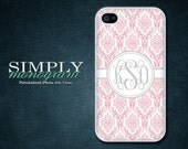 iphone 4 case - iphone 4s case - plastic or silicone rubber - light pink damask monogram