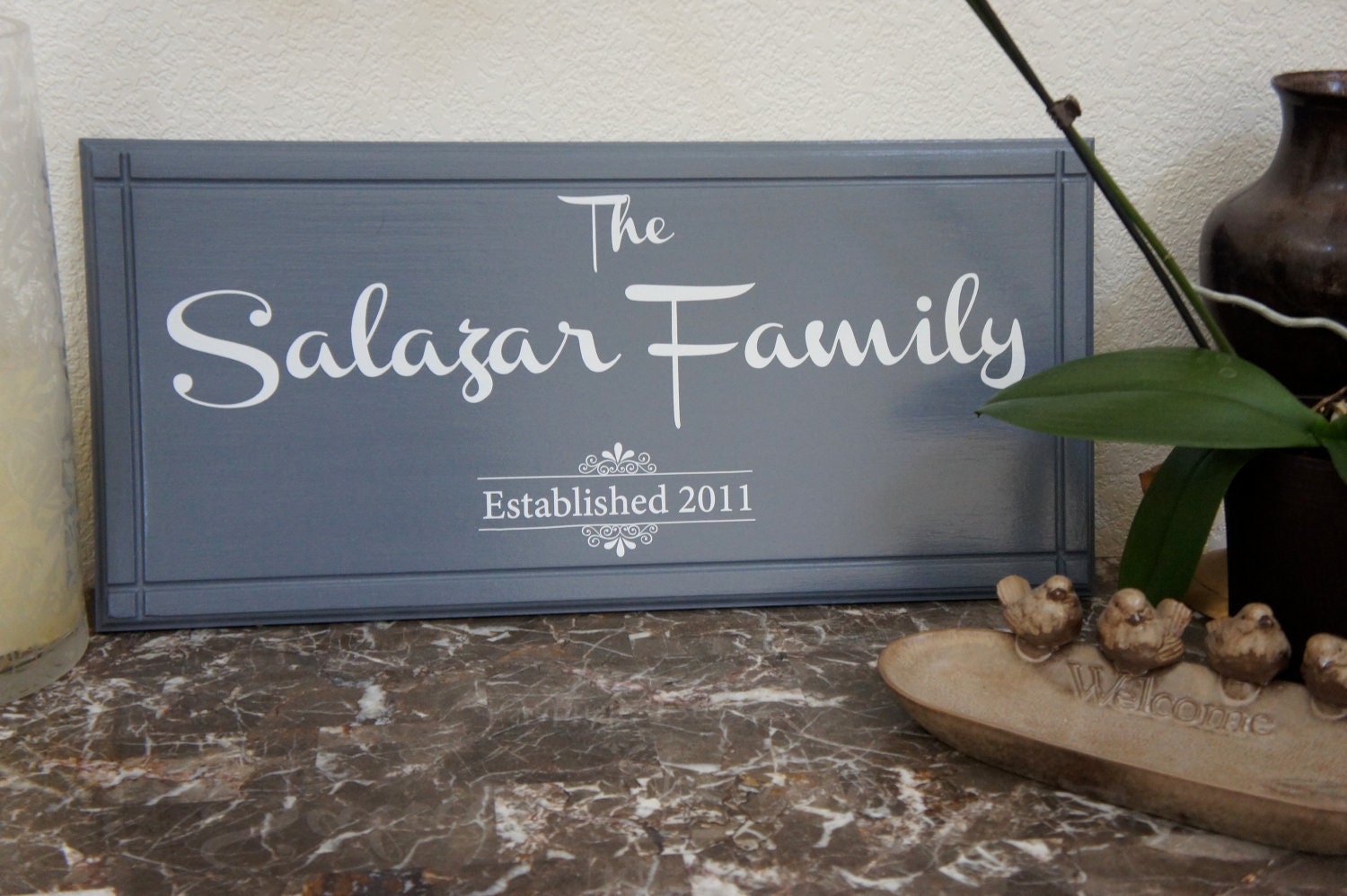 Personalized Family Name Slate Grey & White Sign Wood Plaque Established 11x22 Wedding Anniversary Xmas gift