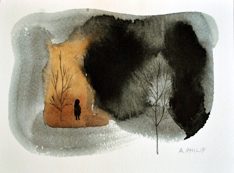 Original Watercolor Painting - Trees - Girl- Abstract - Landscape - Black and White - Amber - 8x6 "Solitary tree"
