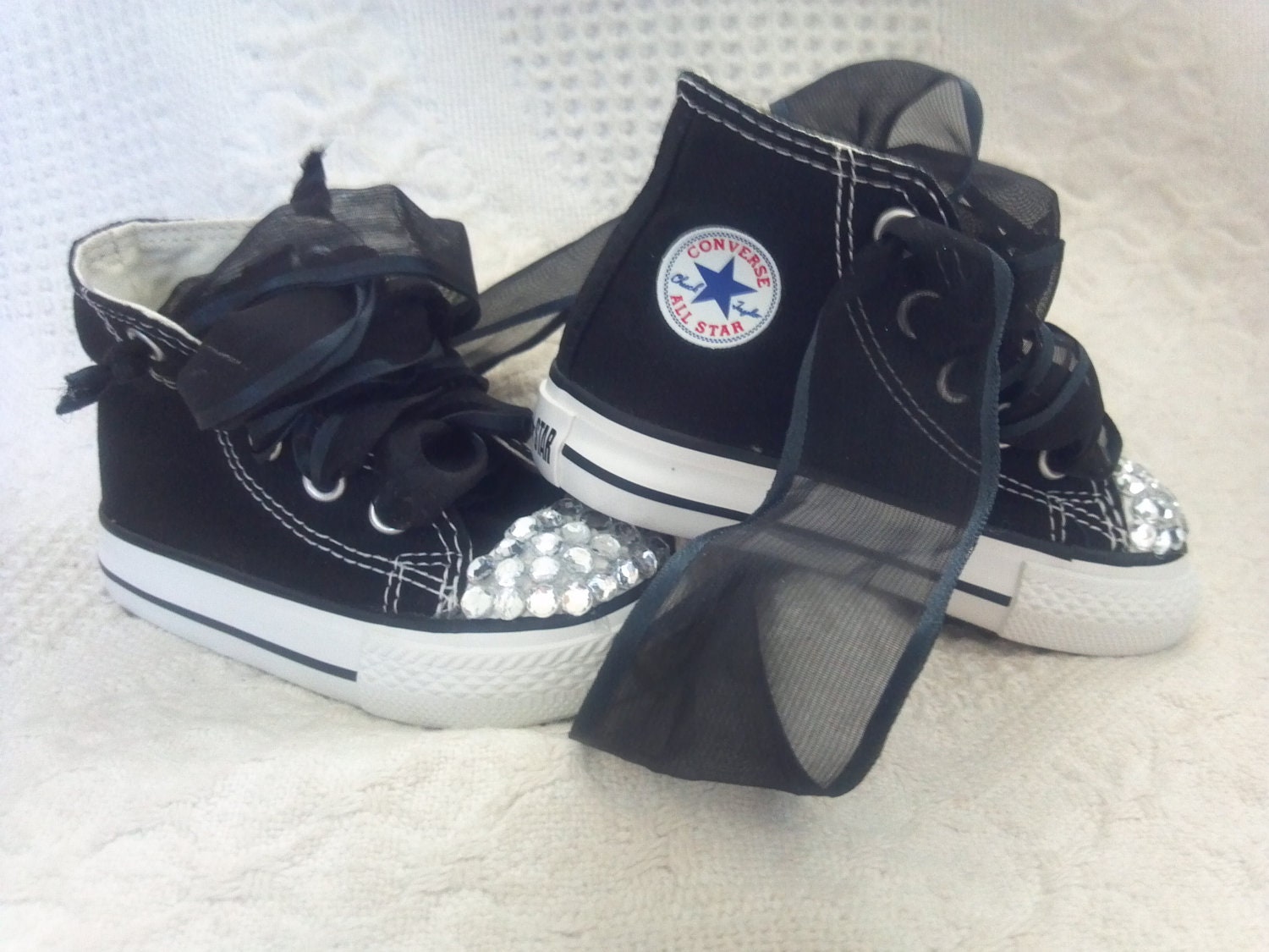 INFANT/TODDLER 4C converse hi top with jewel toes and black sheer ribbon ties also available in 5, 6, and 7