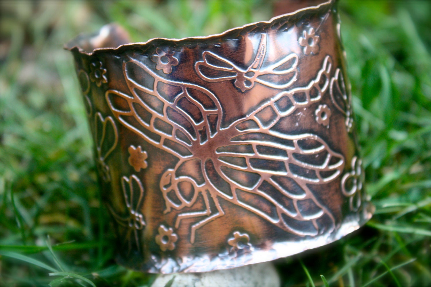 Womens Cuff Bracelet Etched Copper Dragonflies Antiqued Distressed Wide