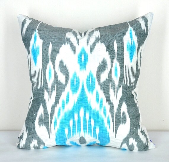 Grey and turquoise blue Pillow cover Ikat- Fabric hand loomed- Used natural dyes(Shipping from London,UK)